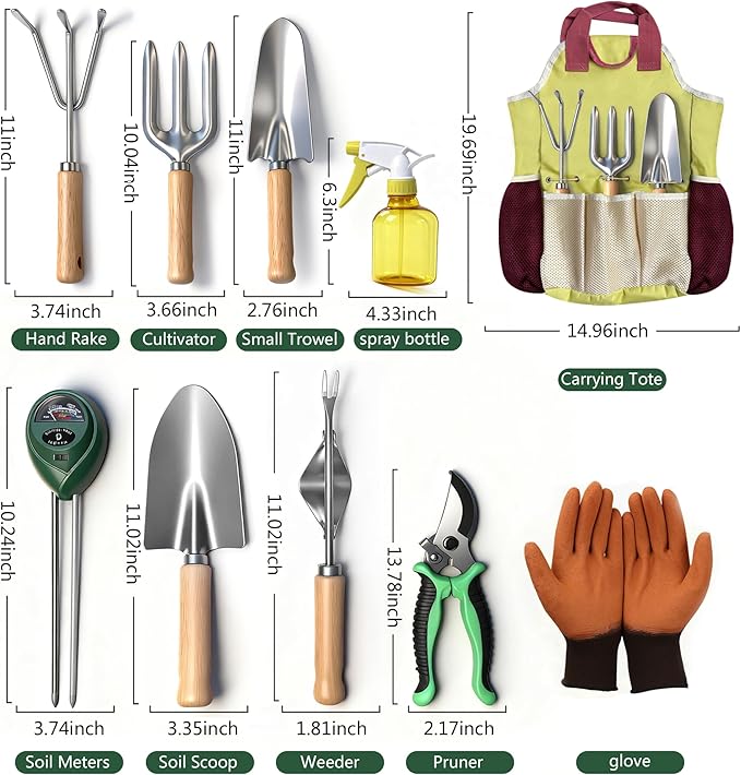 Garden Tool Set,10 Pcs Heavy Duty Gardening Hand Tools Set with Soil Moisture Meter and Storage Tote Bag,Rust-Proof Garden Supplies Kit for Planting,Ideal Gardening Gifts for Women