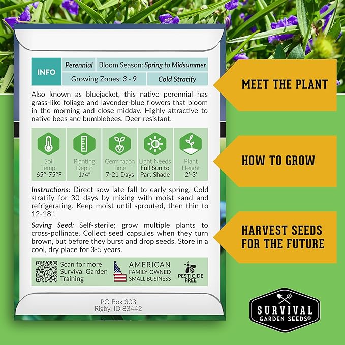 Survival Garden Seeds - Ohio Spiderwort (Tradescantia ohiensis) | Blue Three-Petaled Blooms | Shade Tolerant Native Plant | North American Wildflower - 1 Pack