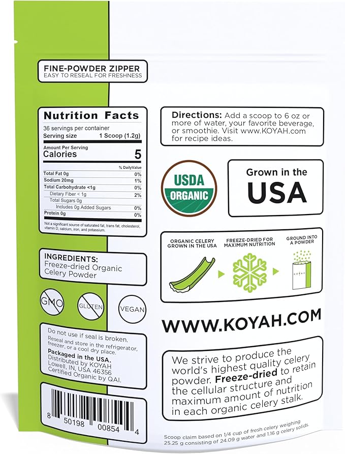 KOYAH - Organic USA Celery Powder (1 Scoop = 1/4 Cup Fresh): 36 Servings, Freeze-Dried, Whole-Stalk Powder