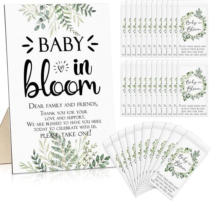 Maitys 100 Pcs Baby Shower Seed Packets Favors for Guests Baby in Bloom Wooden Sign Self Adhesive Envelopes Packet Storage Decor, No Seeds(Green Leaf)