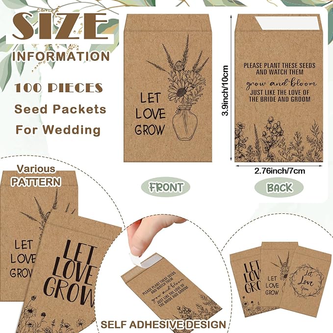 Ireer 101 Set Let Love Grow Greenery Wedding Favors for Guests Include 1 Wooden sign100 Self Adhesive Seed Packets Kraft Paper Seed Envelopes 100 Let Love Grow Cards 100 Bags for Guest Bridal Shower
