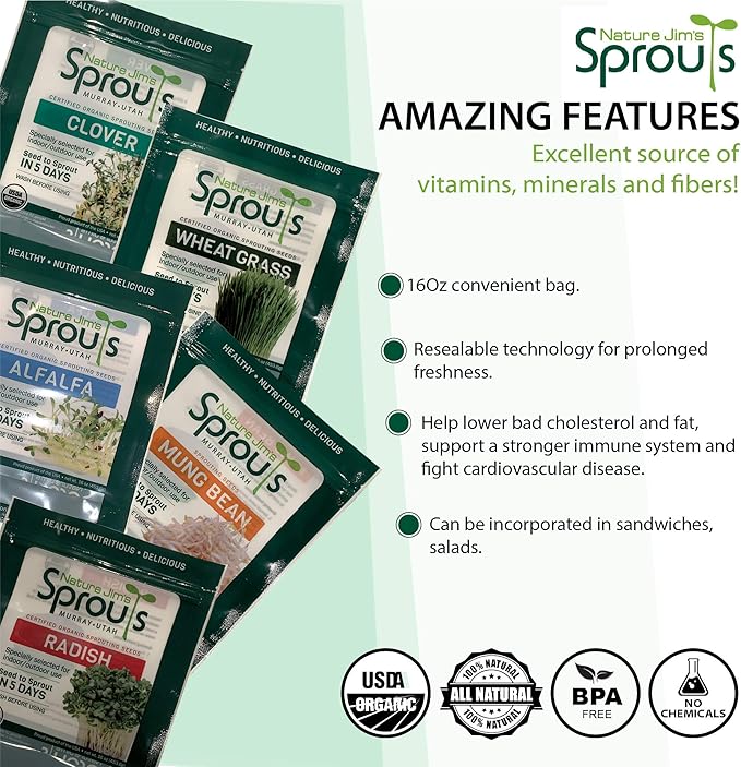 Nature Jims Sprouts Clover Seeds –Organic Non-GMO Sprouting Seeds for Fresh, Nutrient-Rich Seed, Packed with Vitamins, Minerals & Fiber, Ideal for Growing Sprouts and Clover Seed, Reseable Bag, 16 oz