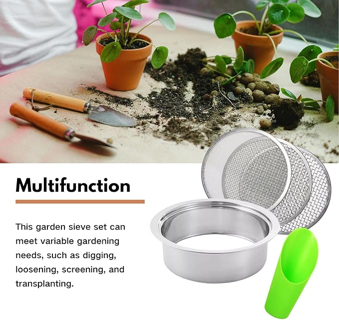 Soil Sifter for Gardening, Stainless Steel Sifting Pan Dirt Sifter, 9.5in Rock Sifter with 3 Sieve Mesh Filter Sizes