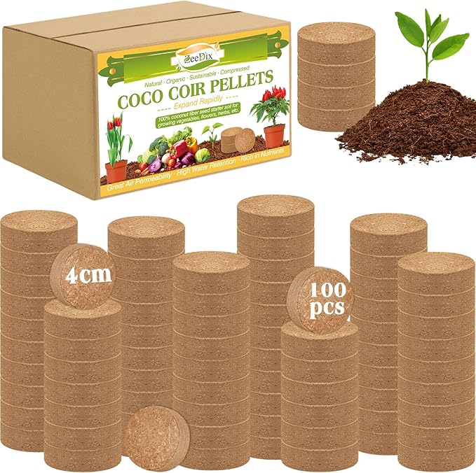 ZeeDix 100pcs 40mm Coco Coir Pellets Potting Soil, Organic Coconut Fiber Seed Starter Soil Pellets, Coconut Coir Soil Discs for Indoor Outdoor Plants, Herbs Houseplants Flowers Succulents Vegetables
