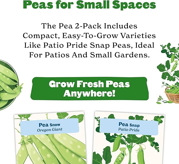 Epic Gardening Pea Seed Bundle - 2 Non-GMO Varieties, Includes Oregon Giant Snow Peas & Patio Pride Snap Peas, Perfect for Snacking, Stir-Fries & Fresh Salads, Ideal for Any Garden