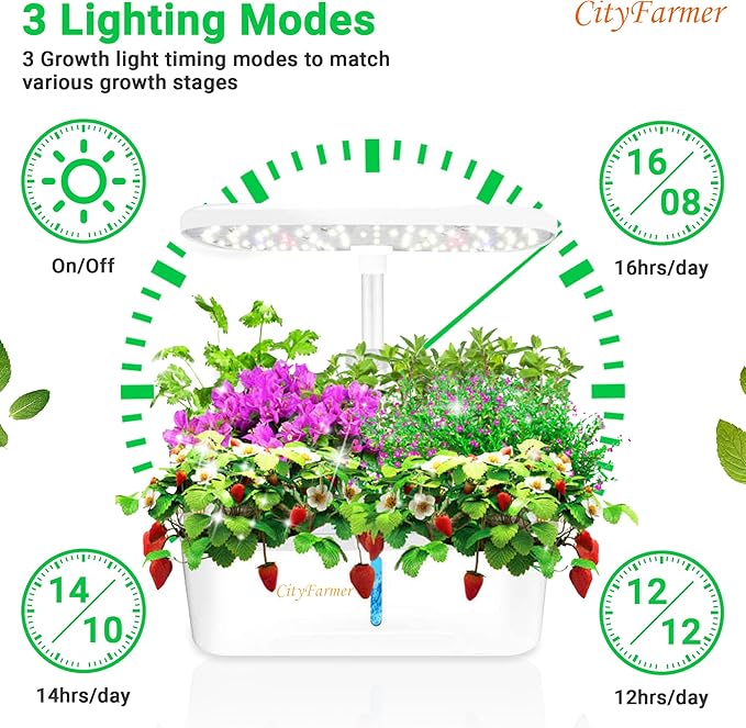 Cityfarmer Indoor Hydroponics Growing System: Indoor Fresh Vegetable, Herb Garden Kit with LED Grow Light Quiet Smart Water Pump Automatic Timer - Planter for Home Kitchen Office (White, 12 pod)