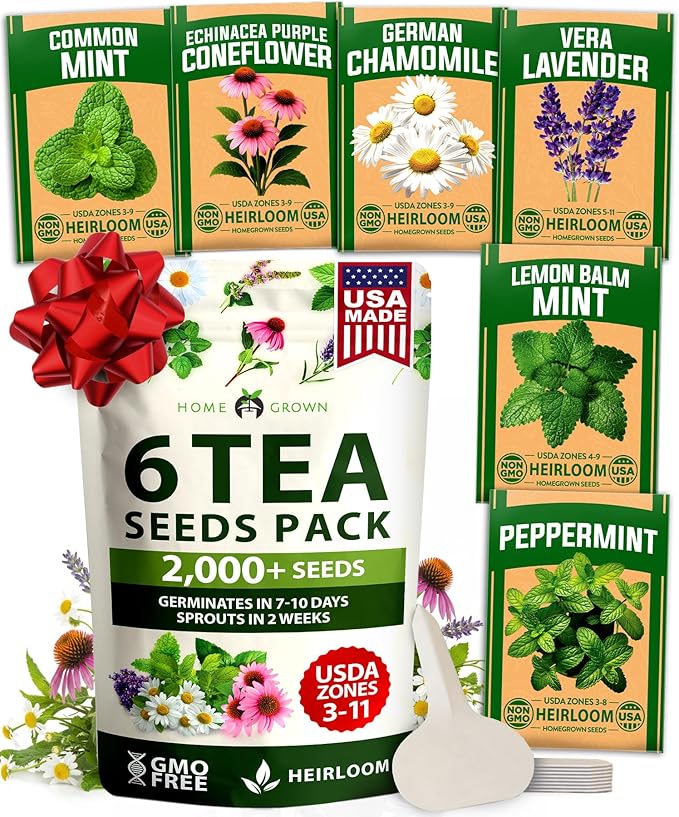 HOME GROWN Medicinal Herb Seeds Vault – 2,000+ Seeds, 6 Non GMO Heirloom Varieties for Indoor & Outdoor Garden – Lavender, Chamomile,Mint,Lemon Balm,Peppermint,Echinacea +Garden Markers