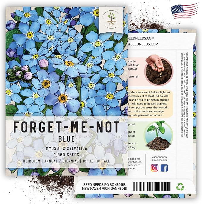 Seed Needs Forget Me Not Seeds for Planting Blue Myosotis Flowers - Heirloom & Open Pollinated Wildflowers to Plant an Outdoor Butterfly Garden to Attract Pollinators (1 Pack)