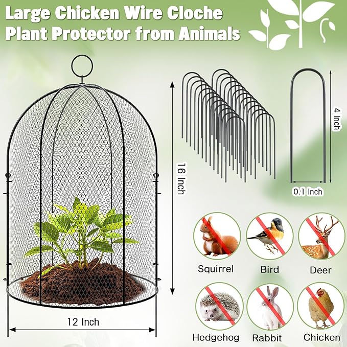 Novabright 2 Pack Garden Cloches for Plants 12" x 16" with Stakes & Zip Ties, Plant Covers from Animals Large Metal Mesh Chicken Wire Cloche Plant Protector Cage for Vegetable Garden Outdoor (Black)