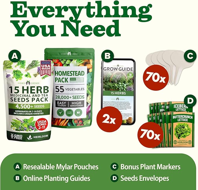 HOME GROWN 70 Variety Vegetable & Herb Seeds 32,000+ USA Non-GMO Heirloom Survival Seeds Garden Kit for Spring, Fall, Winter Indoor & Outdoor Planting Starter Set for Home Gardeners & Preppers