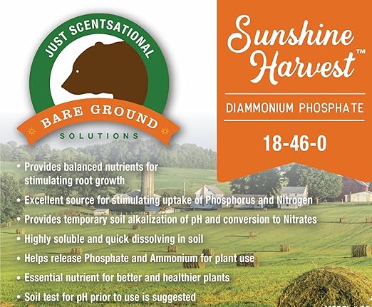 Just Scentsational Bare Ground Solutions GDAP-12 Sunshine Harvest DAP Diammonium Phosphate Lawn and Garden Fertilizer - NPK 18-46-0, 12lb Shaker Jug