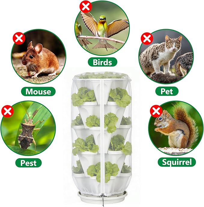 2 Pcs Vertical Plant Pot Insect Netting with Zipper, 39"x20" Stackable Planter Garden Net Cover, 3 to 5 Tier Planter Pot Insect Bird Barrier Protection Mesh for Strawberry Herb Flower Fruit Vegetable