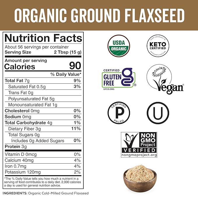 Viva Naturals Organic Ground Flaxseed, 30 oz (850 g) – Plant-Based Protein, Vegan Omega-3 & Fiber, Finely Milled Flax Seeds, Perfect for Smoothies & Baking