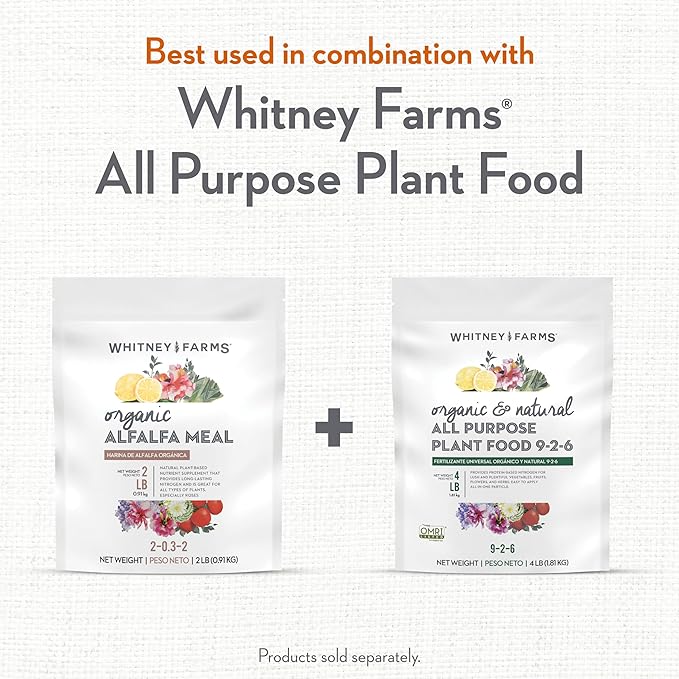 Whitney Farms Organic Alfalfa Meal - 2-0.3.2 Slow-Release Nitrogen Fertilizer and Soil Enhancer for Vegetables, Flowers, Herbs and Shrubs - 2 lbs.