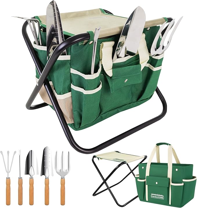 GardenHOME 7-Piece Green Gardening Tool Set – Stainless Steel Tools with Wooden Handles, Folding Stool & Canvas Tote, Durable Garden Kit for Every Gardener