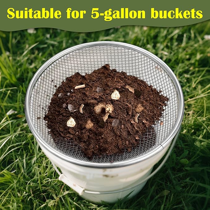 2PCS 1/4 Inch Mesh Soil Sifter for Gardening,Compost Sifter for 5 Gallon Buckets,Garden Sieve Rock Sifters for Captures Dirt Rocks Sawdust,Includes Gloves