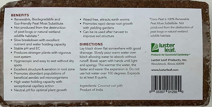Luster Leaf 1250 1.4 lb. Coco Coir Growing Medium and Seed Starting Mix, 1.4lb, Brown