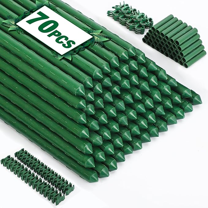 Garden Stakes 70 Pack, 16 Inch Plastic Coated Metal Tomato Stakes, DIY 4ft 5ft 6ft 7ft Plant Support Stakes with 40 Connectors 30 Rotatable Clips 30 Plant Clips for Indoor Outdoor Vegetables