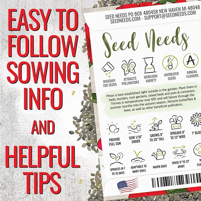 Seed Needs Phlox Seeds for Planting Red Drummond Phlox - Heirloom & Open Pollinated Annual Flowers to Attract Butterflies & Bees to a Butterfly Garden (1 Pack)
