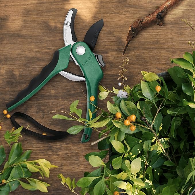 Nevlers 8" Green Anvil Pruning Shears Heavy Duty | Hand Pruners for Gardening w/Steel Blades, Safety Lock & Ergonomic Grip | 8mm Cut Plant Shears & Garden Clippers Handheld for Dead Stems & Branches