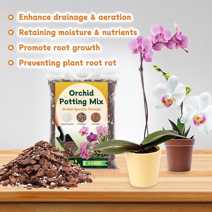 Orchid Potting Mix,Premium Orchid Bark Potting Mix for Repotting Blend with Pine Bark,Perlite,Coco Peat, Natural Ingredients for Indoor Potted Plant, Well Drainage and Ventilation 4QT