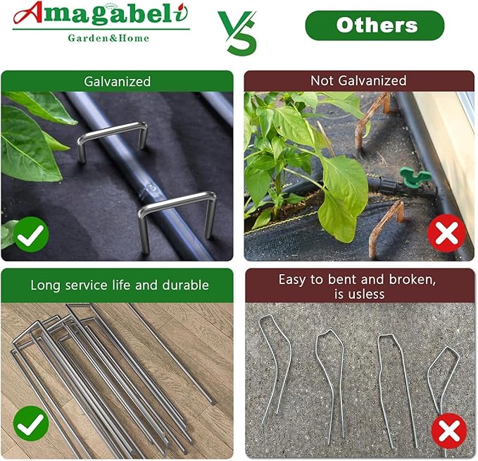 AMAGABELI 10 Inch 200 Pack Galvanized Landscape Staples 11 Gauge Anti-Rust Heavy Duty Garden Stakes Plant Cover Spikes U-Shaped Sod Pins Fence Stakes for Weed Barrier,Irrigation Tubing,Decoration