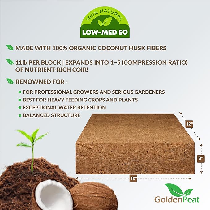 Organic 11 lb Compressed Coco peat Block is a high-Performance, Nutrient-Rich Coco Pith with Low - Medium EC for Heavy-Feeding Plants. Specially Engineered for Optimal Root Growth