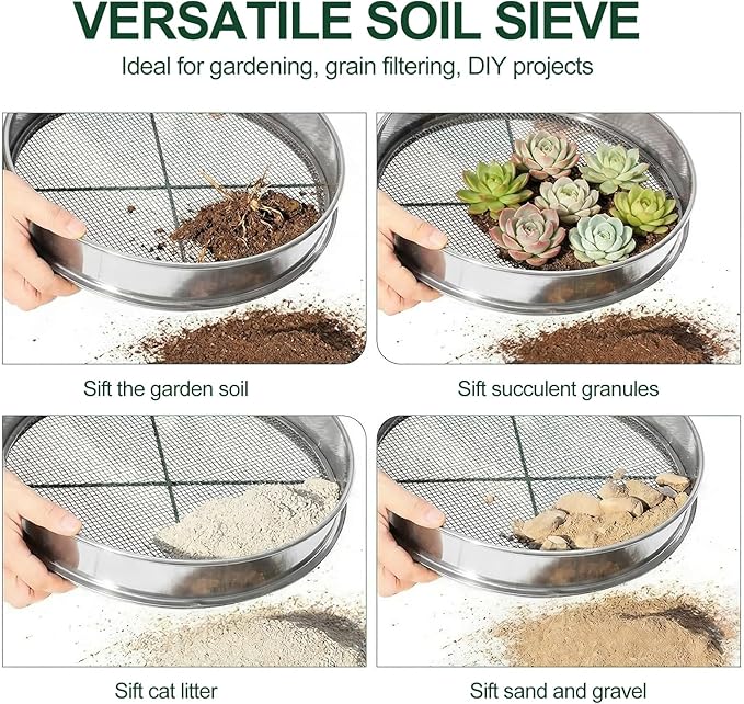 11.8 Inch Garden Soil Sifter Set Dirt Sifter with Interchangeable Screens,Multi-Functional Rock Sifter for Gardening Compost Bonsai and Sand Separation (Silver)