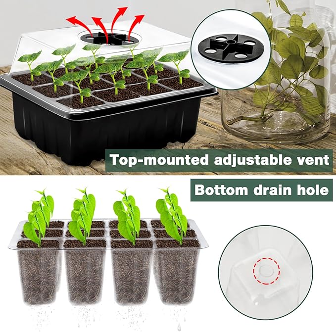 ZeeDix 10 Pack Seed Starter Trays Kit with 120 PCS Coco Pellets, Base Tray for Indoor Planting, Mini Greenhouse Germination System for Herbs Vegetables Gardening Supplies(120 Cells Total Tray)