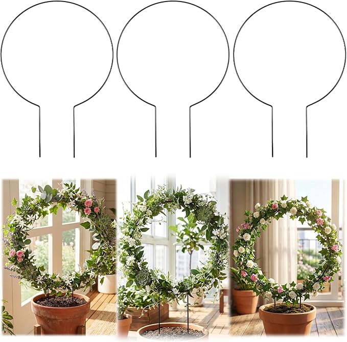 3 Pack Small Round Metal Plant Trellis, 11 Inch Black Iron Trellis Climbing Plants Indoor Outdoor Plant Support for Potted Vines Flowers
