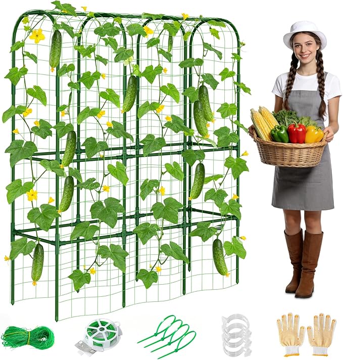 62in Tall Cucumber Trellis for Raised Bed, 51" L x 62" H Metal Garden Trellis for Climbing Plants Outdoor, U-Shape Vegetables Trellis Support for Squash Zucchini Peas Grape