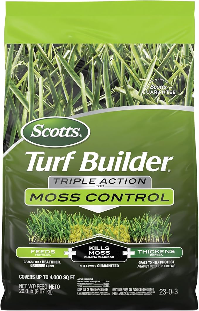 Scotts Turf Builder Triple Action for Moss Control - Moss Killer and Lawn Fertilizer, Lawn Care, Covers Up to 4,000 sq. ft., 20 lb.