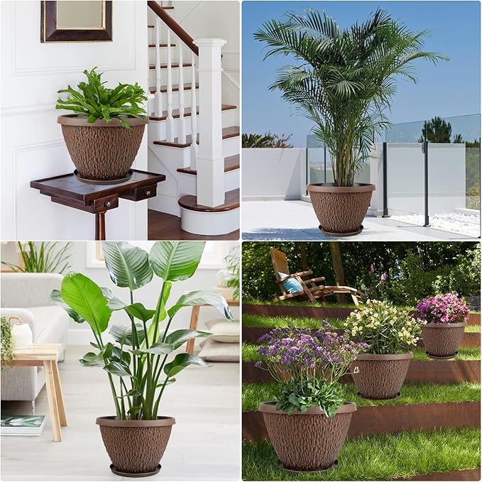 4 Pack Flower Pots Outdoor, 10 Inch Plant Pot with Drainage Hole & Tray, Thickened Plastic Planters for Indoor Outdoor Plants, Lightweight Brown Decorative Garden Pot with Saucer