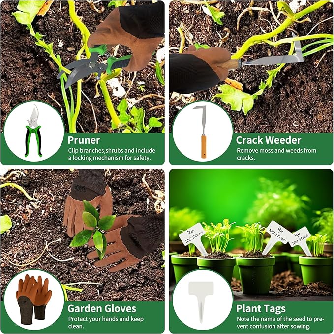 Gardening Tools 20-Piece Complete Gardening Essentials, Heavy Duty Garden Hand Tools Stainless Steel Ergonomic Rust-Proof Garden Tool Set - Ideal Gardening Gifts for Women Men Beginners Gardeners