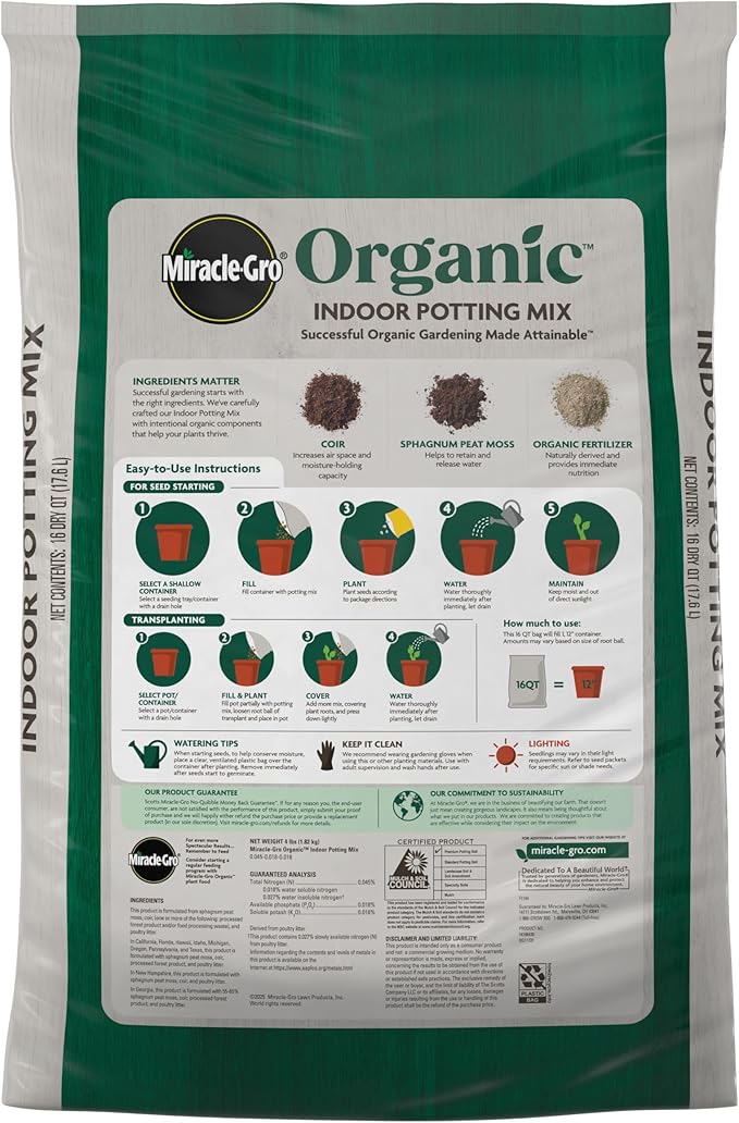 Miracle-Gro Organic Indoor Potting Mix - Protects Against Over and Under Watering, Planting Soil for Indoor Container Plants, Houseplants and Starter Plants, OMRI Listed, 16 qt.