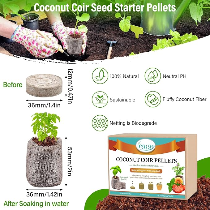Legigo 50 PCS 35mm Coco Coir Pellets Seed Starter Pods, Compressed Seed Starting Coconut Coir Pellets Soil Plugs for Seedlings, Seeds Plant Starter Pods for Garden Planting Herbs Flowers Vegetables