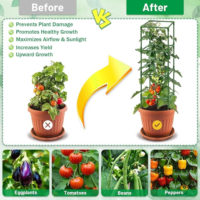 Legigo 4 Pack Square Tomato Cages- 60 Inch Heavy Duty Tomato Trellis for Climbing Plants Outdoor, Tomato Plant Support Stakes Cage Garden Trellis for Garden Raised Garden Bed Cucumbers Vegetables