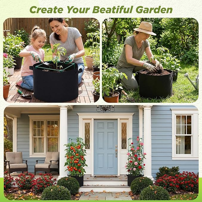 2 Packs Tomato Cages with Grow Bags 15 Gallon Planter Bags 48" Tomato Trellis for Garden Heavy Duty Plant Support Stakes for Vegetables Climbing Plants