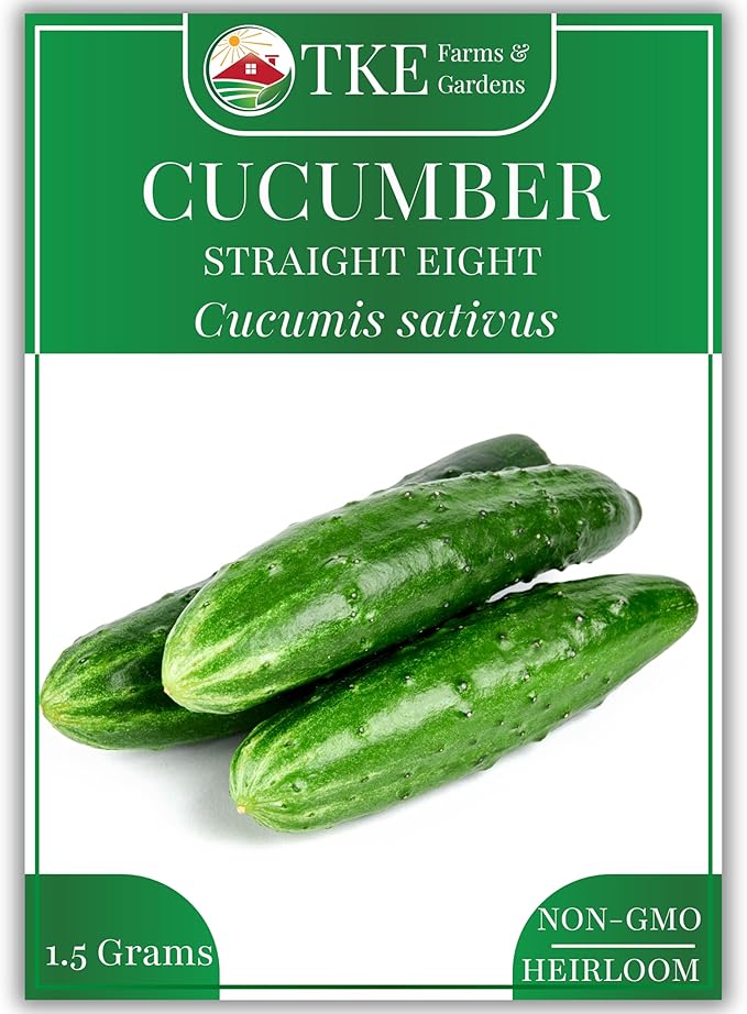 TKE Farms & Gardens - Cucumber Seeds, Straight Eight, 55 Non-GMO Heirloom Pickling Cucumber Seeds, Ideal for Slicing, Salads and Crisp Pickles, Includes Easy-to-Follow Instructions, Qty 1
