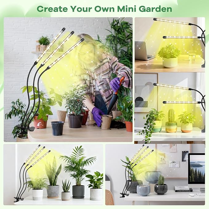 Led Grow Lights, 3 Heads Full Spectrum Plant Light with Clamp for Indoor Plants & Seed Starting, 10-Level Dimmable, Auto On Off, Timing 3 9 12Hrs