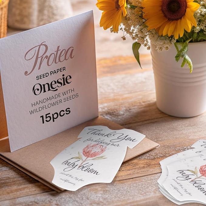 Seed Bloom Onesie Seed Paper – 15 Protea Shower Favors for Guests with Wildflower Seeds, Writable & Plantable, Shower Favor Gifts for Guest