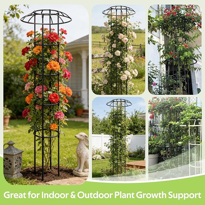 Garden Trellis for Climbing Plants Outdoor - Unique Mushroom Top Round Trellis for Indoor Potted Plant - 64" Tall Rustproof PE Coated Metal Pipe Obelisk Support Ivy Vine Rose Grape Vegetable