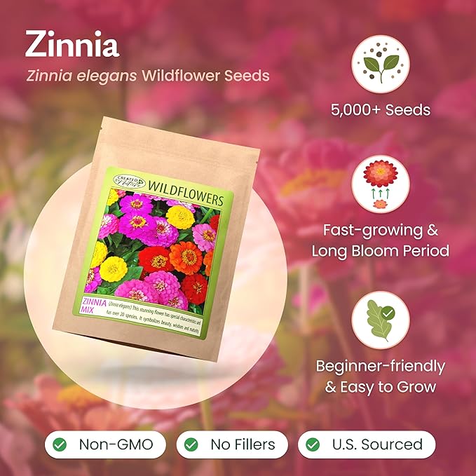 Created By Nature California Giant Zinnia Wildflower Seeds, Multi-Colored Flower Varieties, 2,200+ Non-GMO Seeds