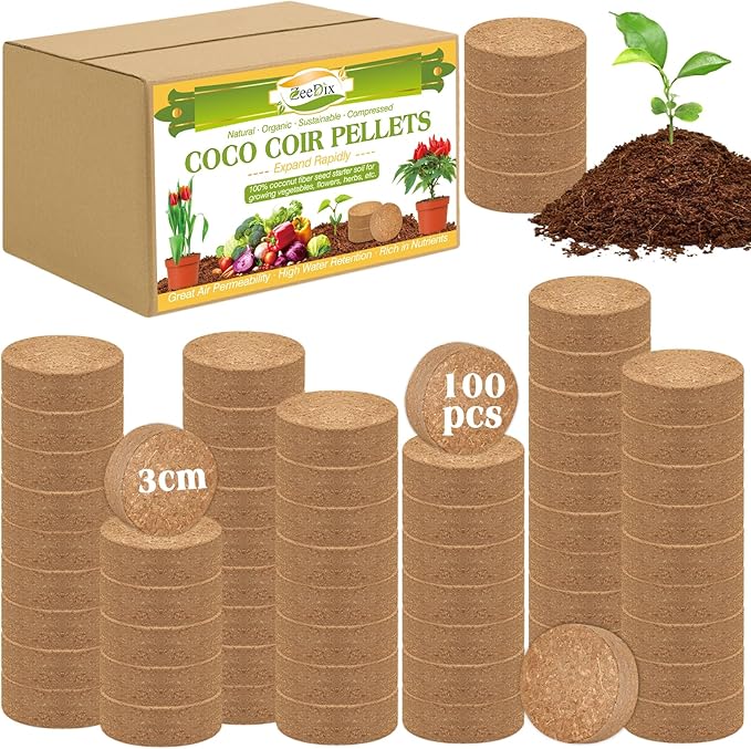 ZeeDix 100pcs 30mm Coco Coir Pellets Potting Soil, Organic Coconut Fiber Seed Starter Soil Pellets, Coconut Coir Soil Discs for Indoor Outdoor Plants, Herbs Houseplants Flowers Succulents Vegetables