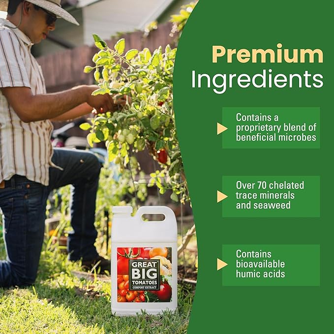 Great Big Tomatoes Soil & Fertilizer Booster for Big Vegetable Yields, Better Fertilizer & Plant Food Efficiency, and Garden Performance. Perfect for Beginners.1 Gallon Concentrate (Makes 32 Gallons)