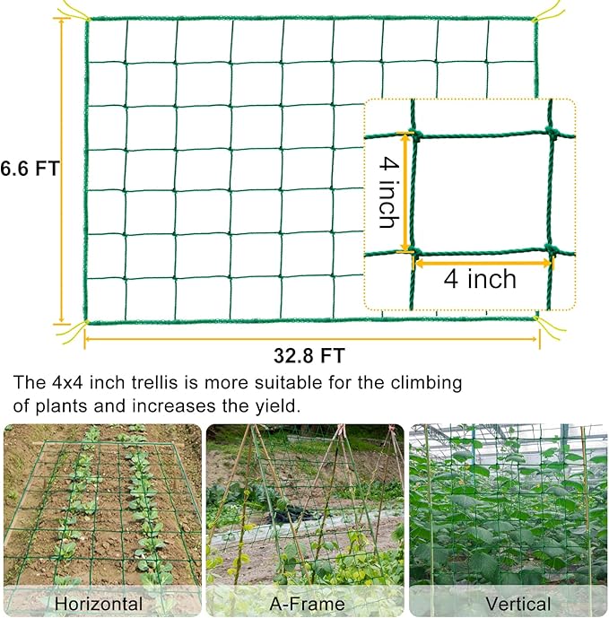 Garden Trellis Netting for Climbing Plants Outdoor, Plant Netting for Cucumber, Tomato, 6.6x32.8 FT Trellis Net with 4x4 Inch Mesh as Vegetable Netting for Grape, Bean,Growing Pea,w/Plant Clips