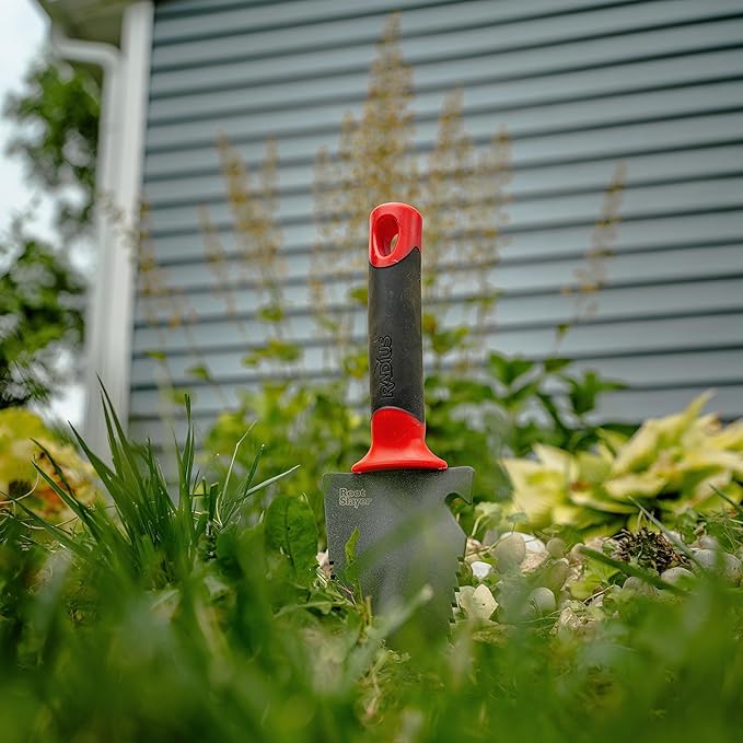 Root Slayer 17011 Garden Trowel with Holster for Digging, Planting, and Root Cutting, Serrated Steel Blade, Red
