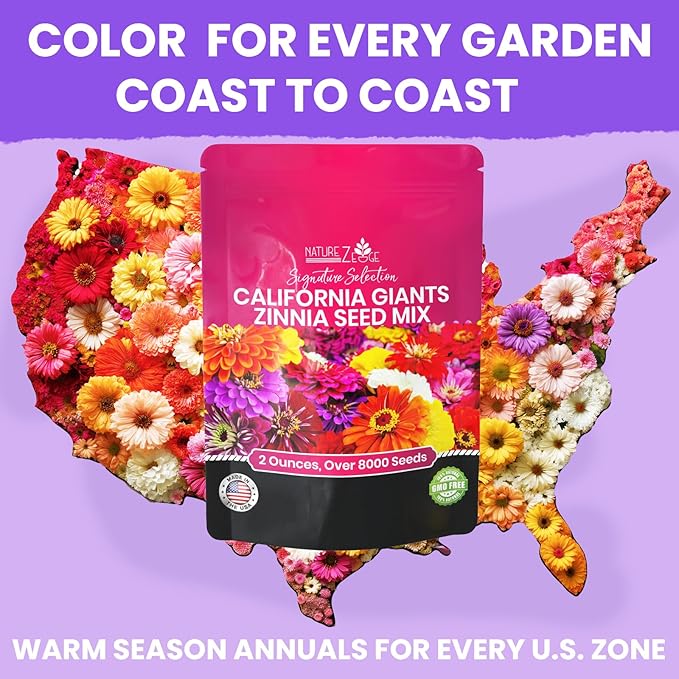 NatureZ Edge Zinnia Seeds for 2026 Planting Outdoors, Over 8250 Flower Seeds, 2 Oz, Non GMO Made in USA, Bulk Semillas De Flores para Sembrar, California Giants, Easy to Grow Zinnia Seed Mix