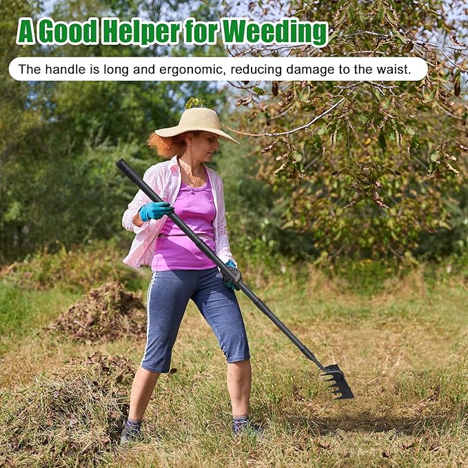 Weeding Garden Rake, 6 Tines Adjustable Weed Remover Tool Heavy Duty with Detachable Long Handle, 56 inch Weed Remover Gardening Hand Tool for Lawn, Yard, atio and Backyard