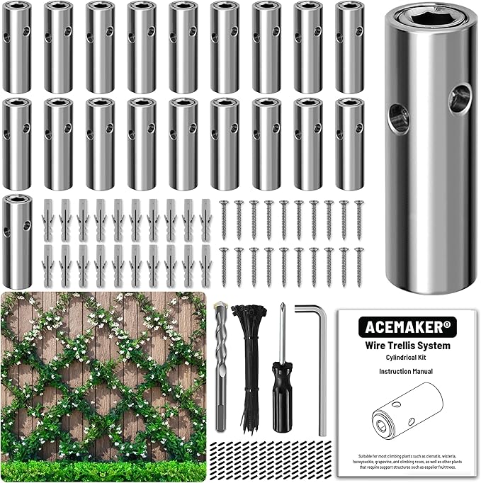 Wire Trellis for Climbing Plants Outdoor, 12-Set Wall Wire Trellis Kit, T316 Cylindrical Espalier System for Fence and Garden DIY Projects (Hubs Only, Without Cable)